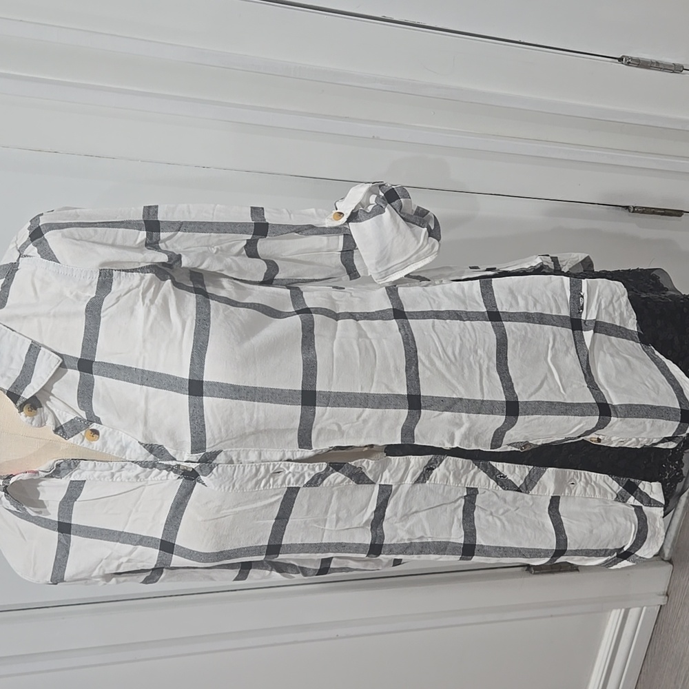 Triple Five Soul White Gray Western Button Up Adjustable Sleeve Plaid Shirt M